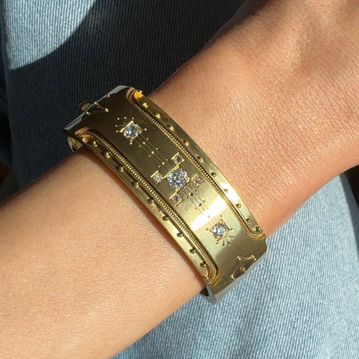 Victorian bangle with Old Mine and Rose Cut diamonds on wrist
