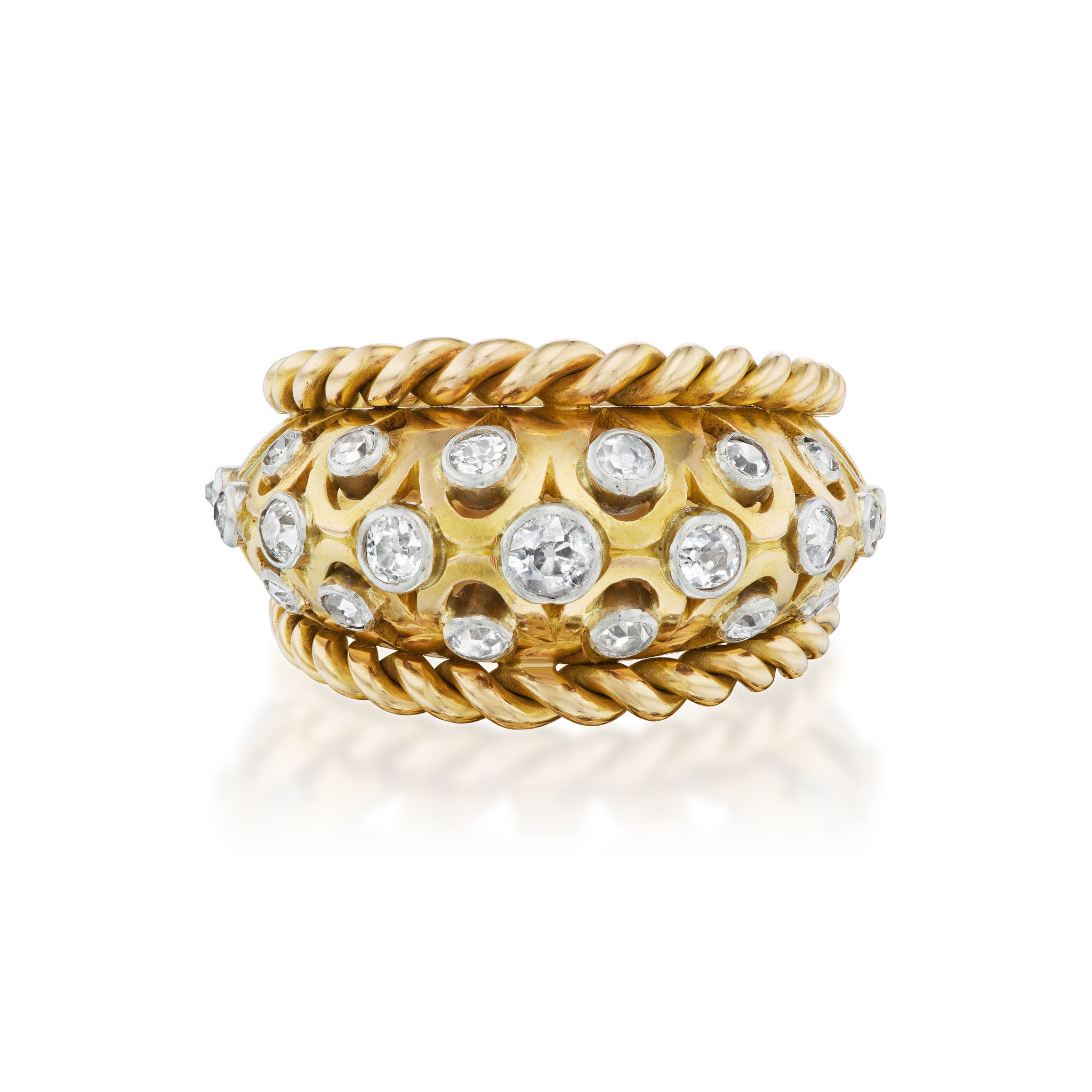 French 18kt Yellow Gold and Platinum Diamond Cocktail Ring