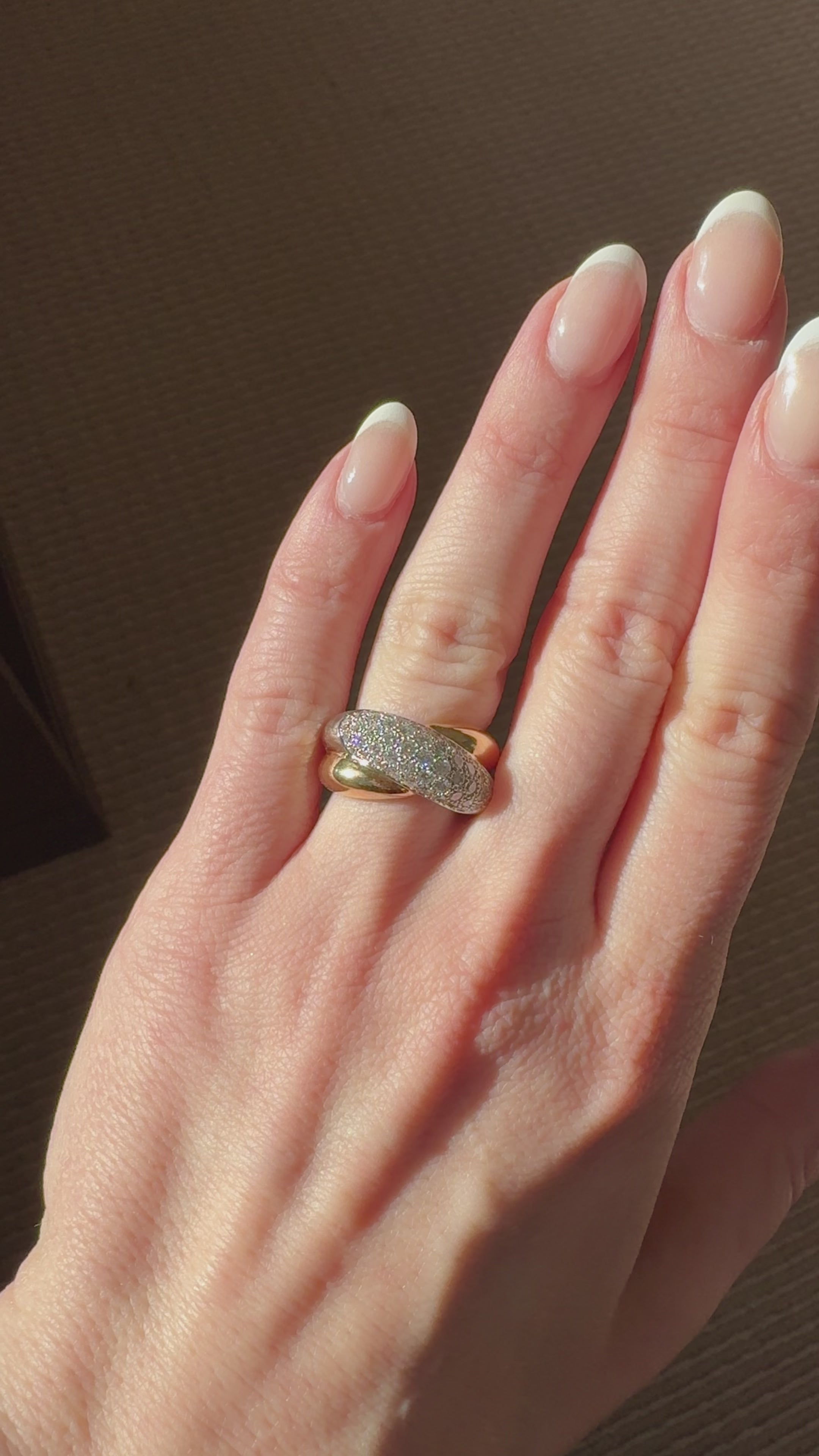 vintage cartier paris 18kt yellow gold platinum and diamond colisee ring on hand