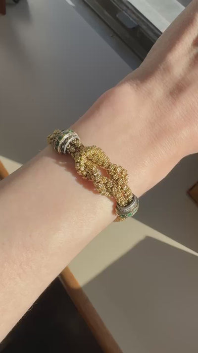 18kt Yellow Gold, Emerald, and Diamond Knot Chain Bracelet