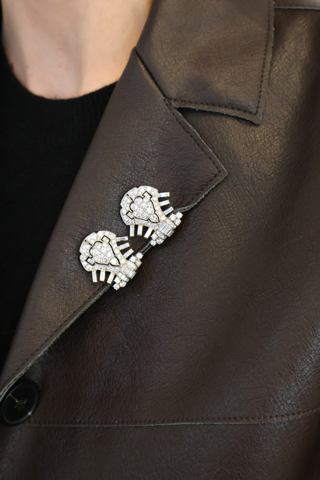 vintage cartier platinum and diamond double clips as double clips pn brown leather jacket